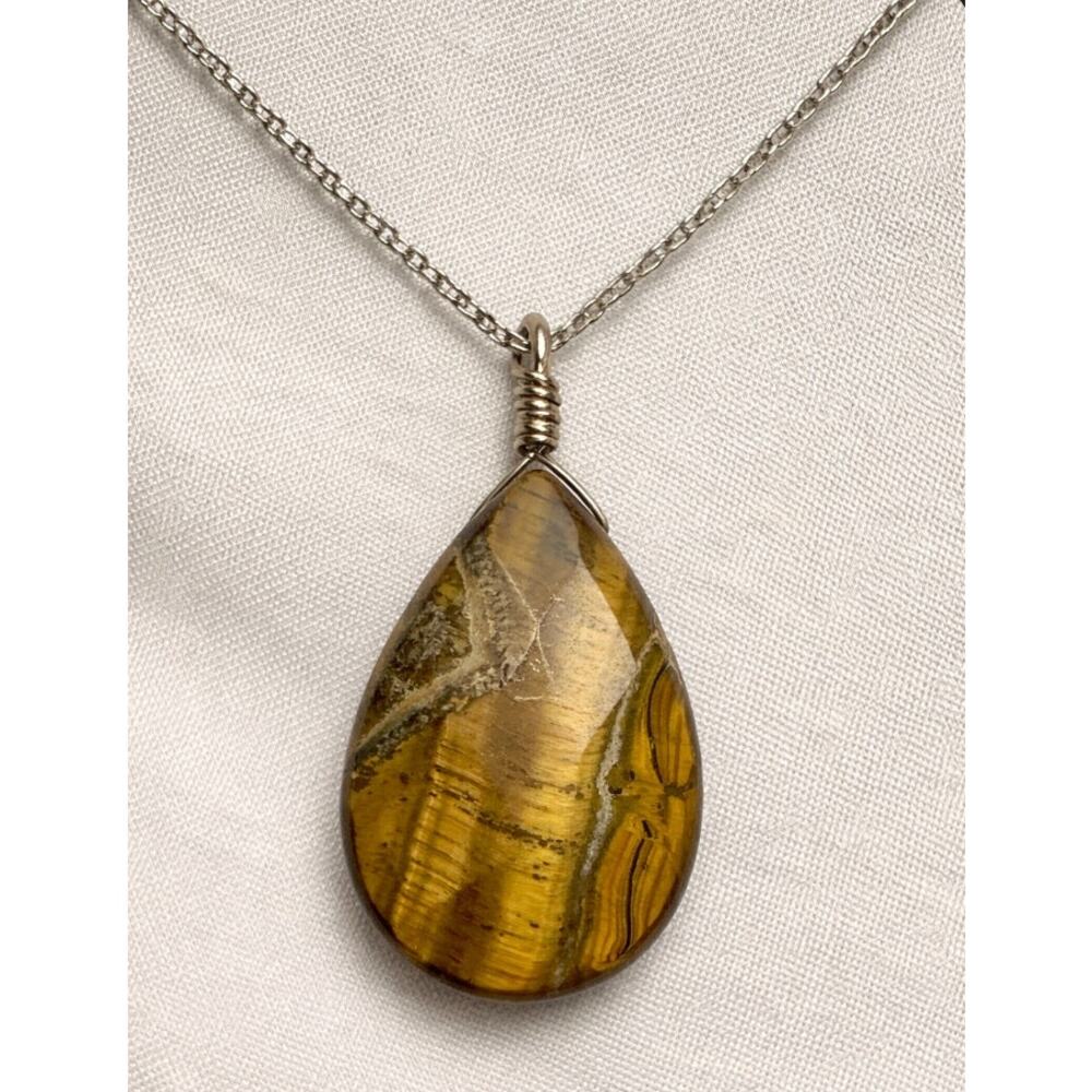 Tiger’s Eye Teardrop Pendant 1.25” Polished Natural Stone Wire Wrapped Charm